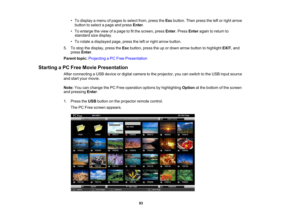 Starting a pc free movie presentation | Epson PowerLite 1781W 3200-Lumen WXGA 3LCD Projector User Manual | Page 93 / 245