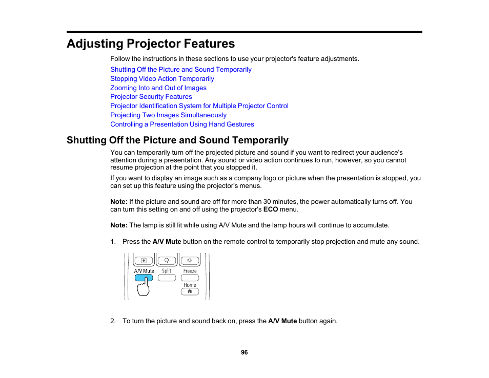 Adjusting projector features, Shutting off the picture and sound temporarily | Epson PowerLite 1781W 3200-Lumen WXGA 3LCD Projector User Manual | Page 96 / 245