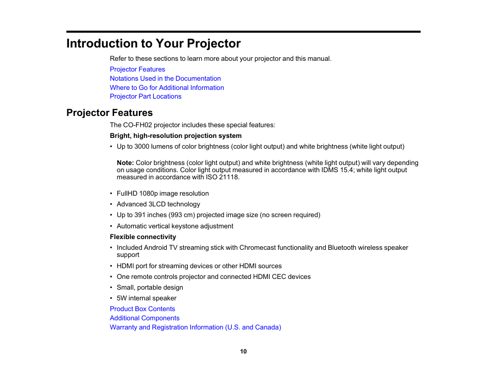 Introduction to your projector, Projector features | Epson EpiqVision Flex CO-FH02 3000-Lumen Full HD 3LCD Smart Home Theater Projector User Manual | Page 10 / 121