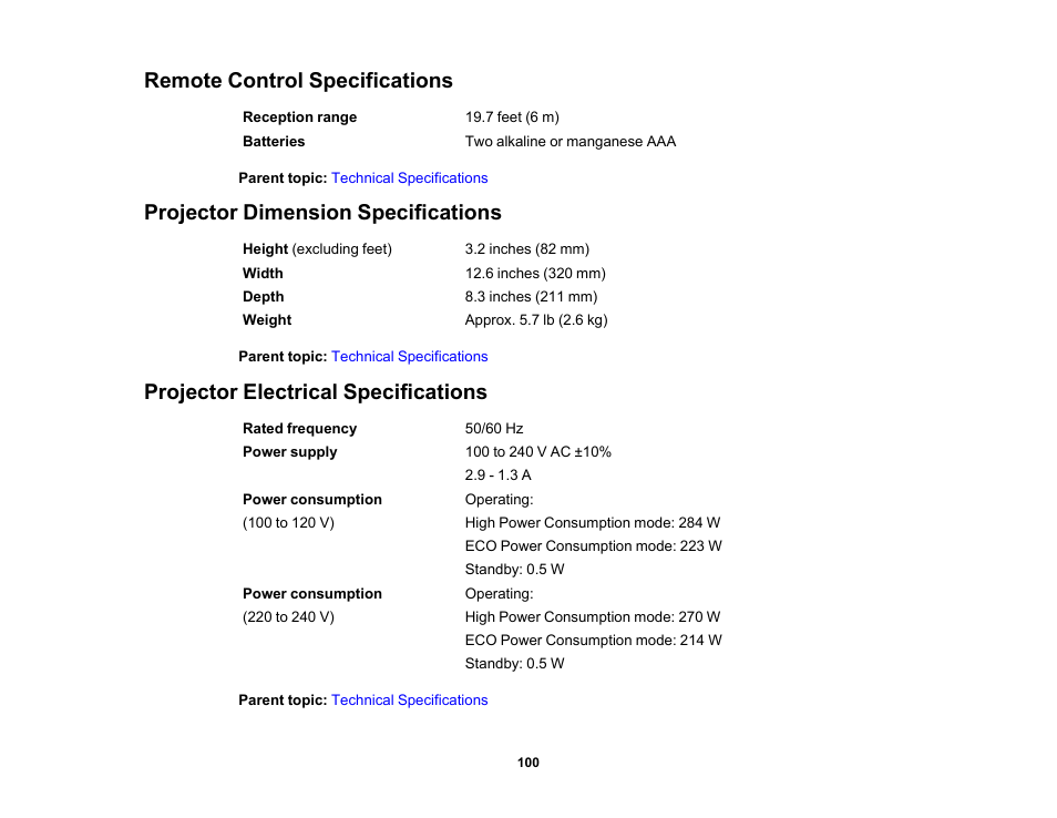 Remote control specifications, Projector dimension specifications, Projector electrical specifications | Epson EpiqVision Flex CO-FH02 3000-Lumen Full HD 3LCD Smart Home Theater Projector User Manual | Page 100 / 121