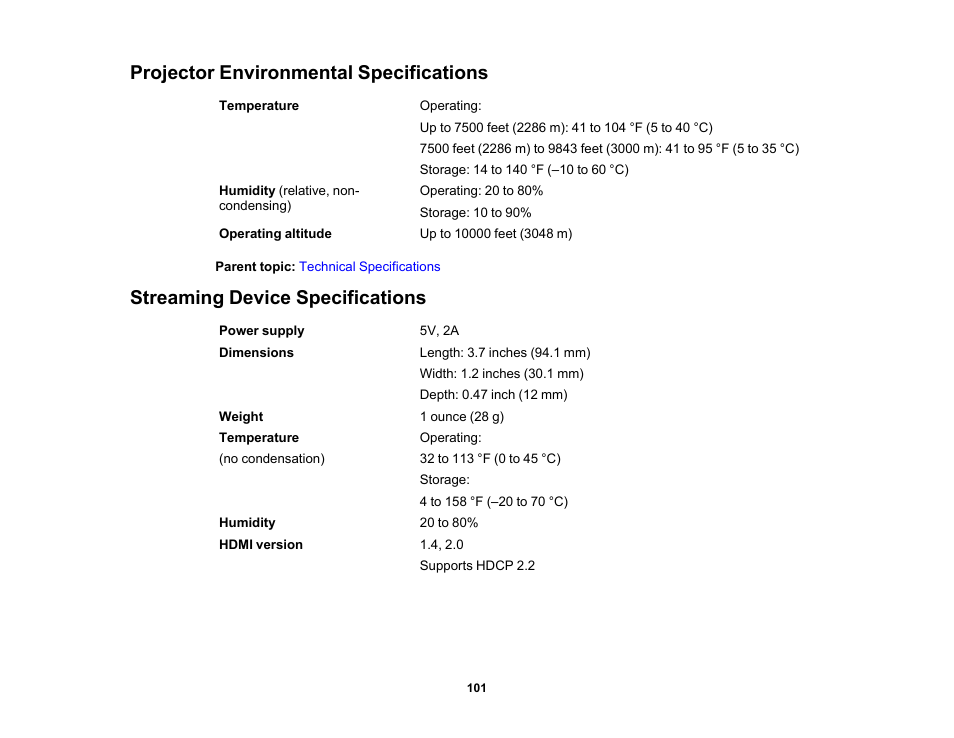 Projector environmental specifications, Streaming device specifications | Epson EpiqVision Flex CO-FH02 3000-Lumen Full HD 3LCD Smart Home Theater Projector User Manual | Page 101 / 121