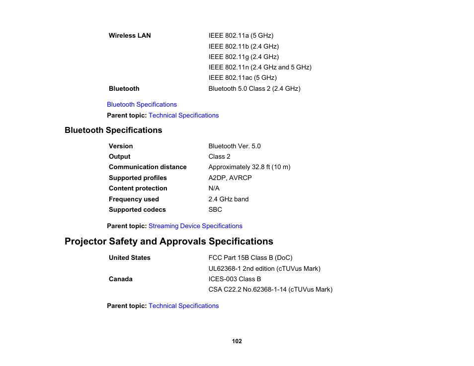 Bluetooth specifications, Projector safety and approvals specifications | Epson EpiqVision Flex CO-FH02 3000-Lumen Full HD 3LCD Smart Home Theater Projector User Manual | Page 102 / 121