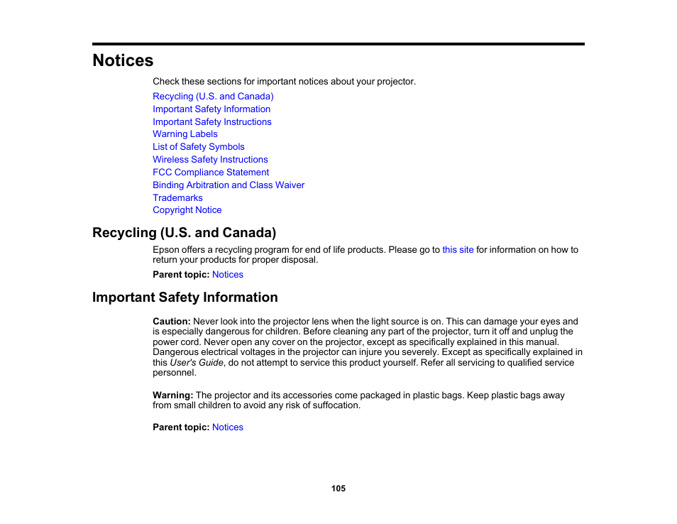 Notices, Recycling (u.s. and canada), Important safety information | Epson EpiqVision Flex CO-FH02 3000-Lumen Full HD 3LCD Smart Home Theater Projector User Manual | Page 105 / 121