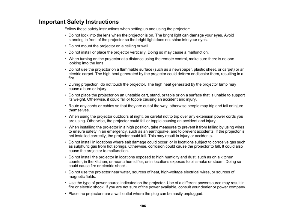 Important safety instructions | Epson EpiqVision Flex CO-FH02 3000-Lumen Full HD 3LCD Smart Home Theater Projector User Manual | Page 106 / 121