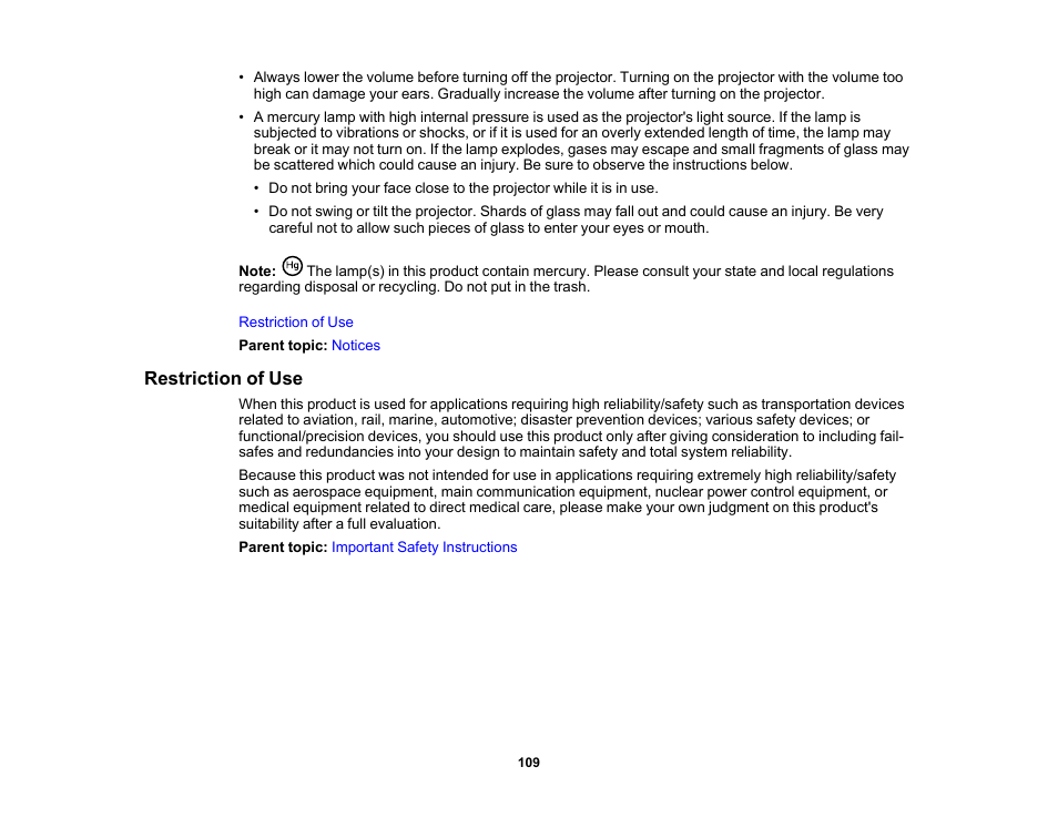 Restriction of use | Epson EpiqVision Flex CO-FH02 3000-Lumen Full HD 3LCD Smart Home Theater Projector User Manual | Page 109 / 121