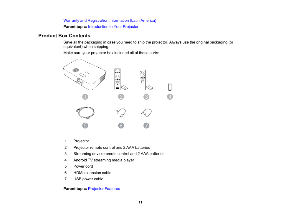 Product box contents | Epson EpiqVision Flex CO-FH02 3000-Lumen Full HD 3LCD Smart Home Theater Projector User Manual | Page 11 / 121