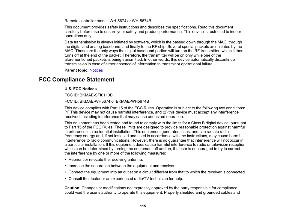 Fcc compliance statement | Epson EpiqVision Flex CO-FH02 3000-Lumen Full HD 3LCD Smart Home Theater Projector User Manual | Page 115 / 121