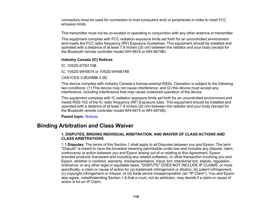 Binding arbitration and class waiver | Epson EpiqVision Flex CO-FH02 3000-Lumen Full HD 3LCD Smart Home Theater Projector User Manual | Page 116 / 121