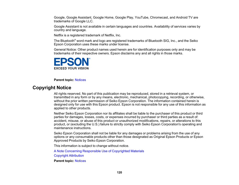 Copyright notice | Epson EpiqVision Flex CO-FH02 3000-Lumen Full HD 3LCD Smart Home Theater Projector User Manual | Page 120 / 121