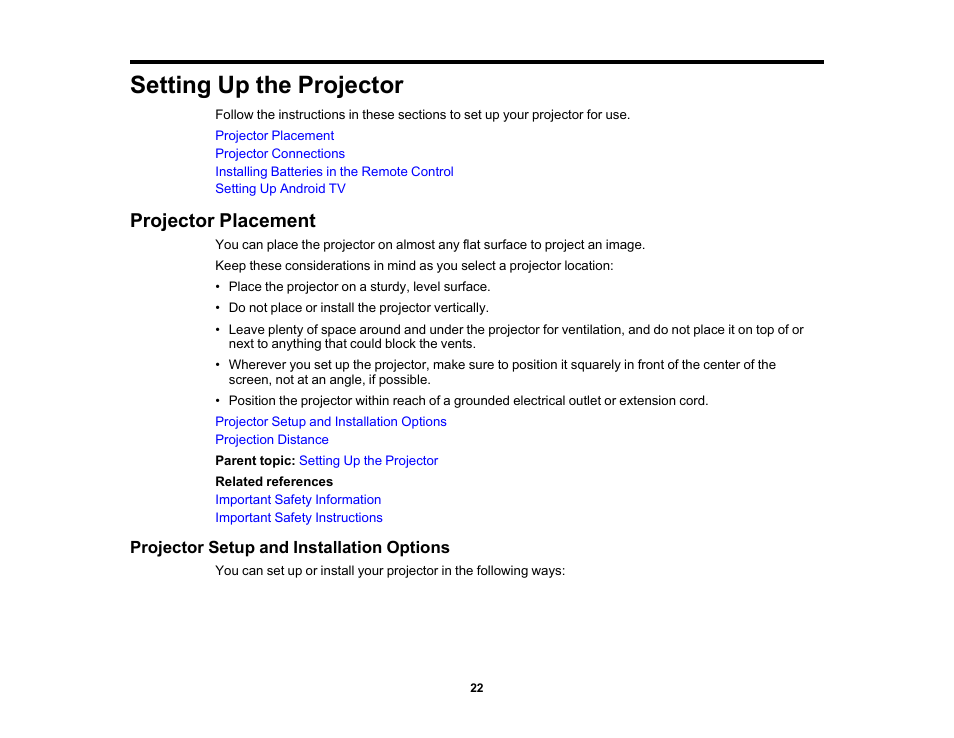 Setting up the projector, Projector placement, Projector setup and installation options | Epson EpiqVision Flex CO-FH02 3000-Lumen Full HD 3LCD Smart Home Theater Projector User Manual | Page 22 / 121