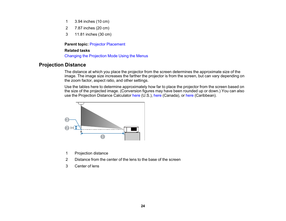 Projection distance | Epson EpiqVision Flex CO-FH02 3000-Lumen Full HD 3LCD Smart Home Theater Projector User Manual | Page 24 / 121