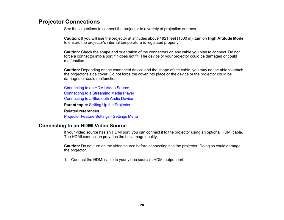 Projector connections, Connecting to an hdmi video source | Epson EpiqVision Flex CO-FH02 3000-Lumen Full HD 3LCD Smart Home Theater Projector User Manual | Page 28 / 121