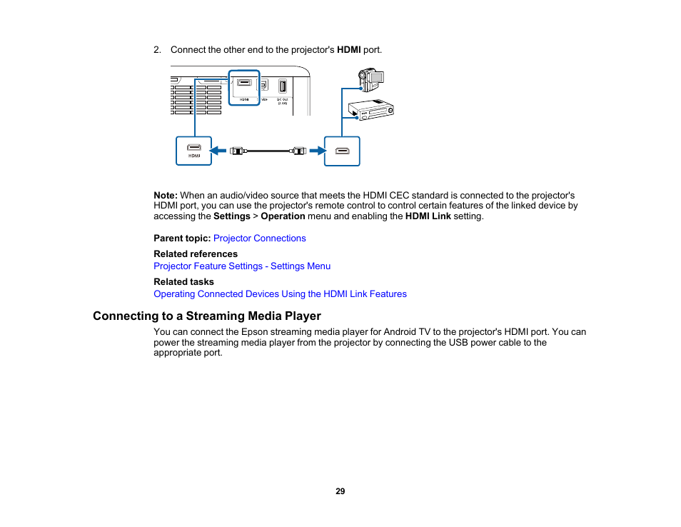 Connecting to a streaming media player | Epson EpiqVision Flex CO-FH02 3000-Lumen Full HD 3LCD Smart Home Theater Projector User Manual | Page 29 / 121