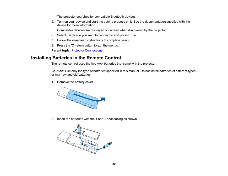 Installing batteries in the remote control | Epson EpiqVision Flex CO-FH02 3000-Lumen Full HD 3LCD Smart Home Theater Projector User Manual | Page 32 / 121