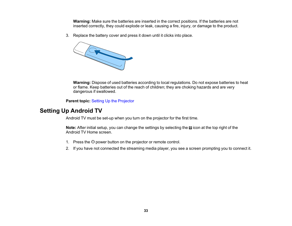 Setting up android tv | Epson EpiqVision Flex CO-FH02 3000-Lumen Full HD 3LCD Smart Home Theater Projector User Manual | Page 33 / 121