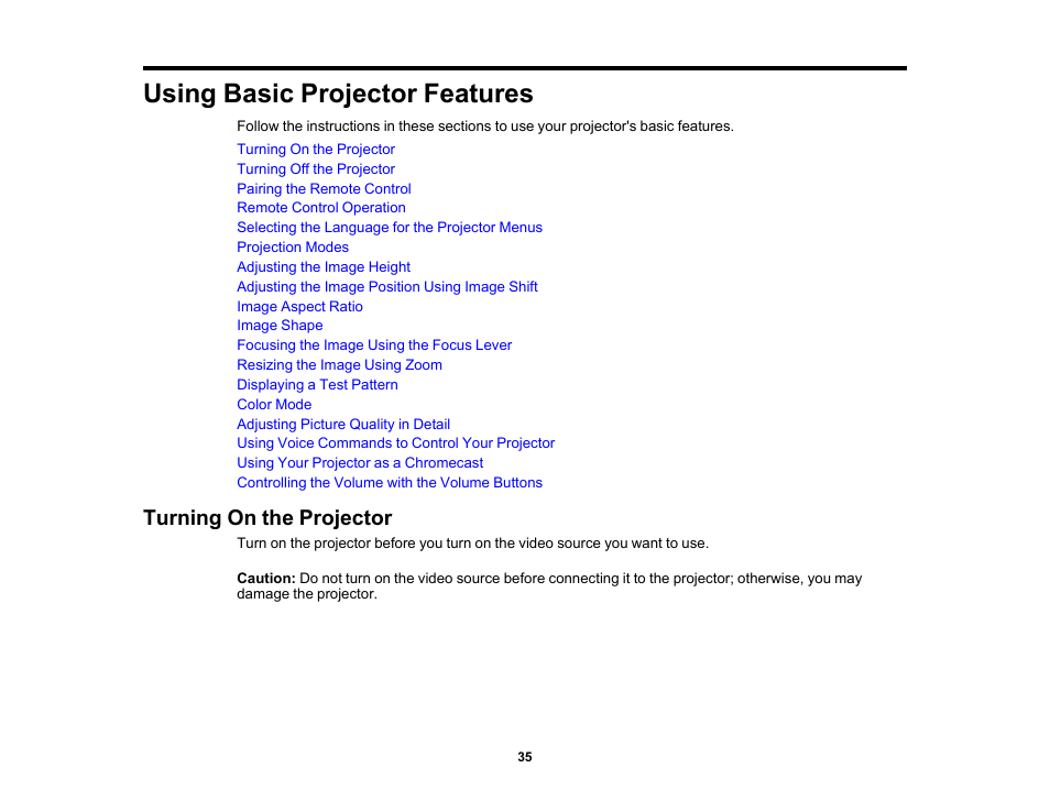 Using basic projector features, Turning on the projector | Epson EpiqVision Flex CO-FH02 3000-Lumen Full HD 3LCD Smart Home Theater Projector User Manual | Page 35 / 121