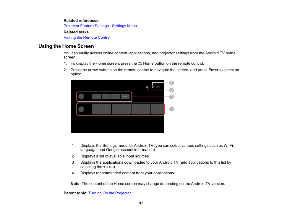 Using the home screen | Epson EpiqVision Flex CO-FH02 3000-Lumen Full HD 3LCD Smart Home Theater Projector User Manual | Page 37 / 121