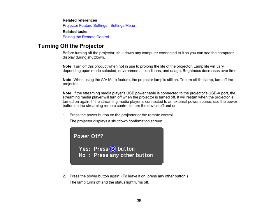 Turning off the projector | Epson EpiqVision Flex CO-FH02 3000-Lumen Full HD 3LCD Smart Home Theater Projector User Manual | Page 38 / 121