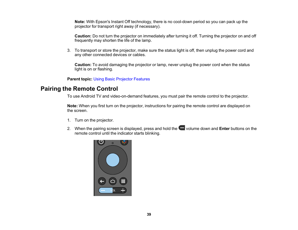 Pairing the remote control | Epson EpiqVision Flex CO-FH02 3000-Lumen Full HD 3LCD Smart Home Theater Projector User Manual | Page 39 / 121