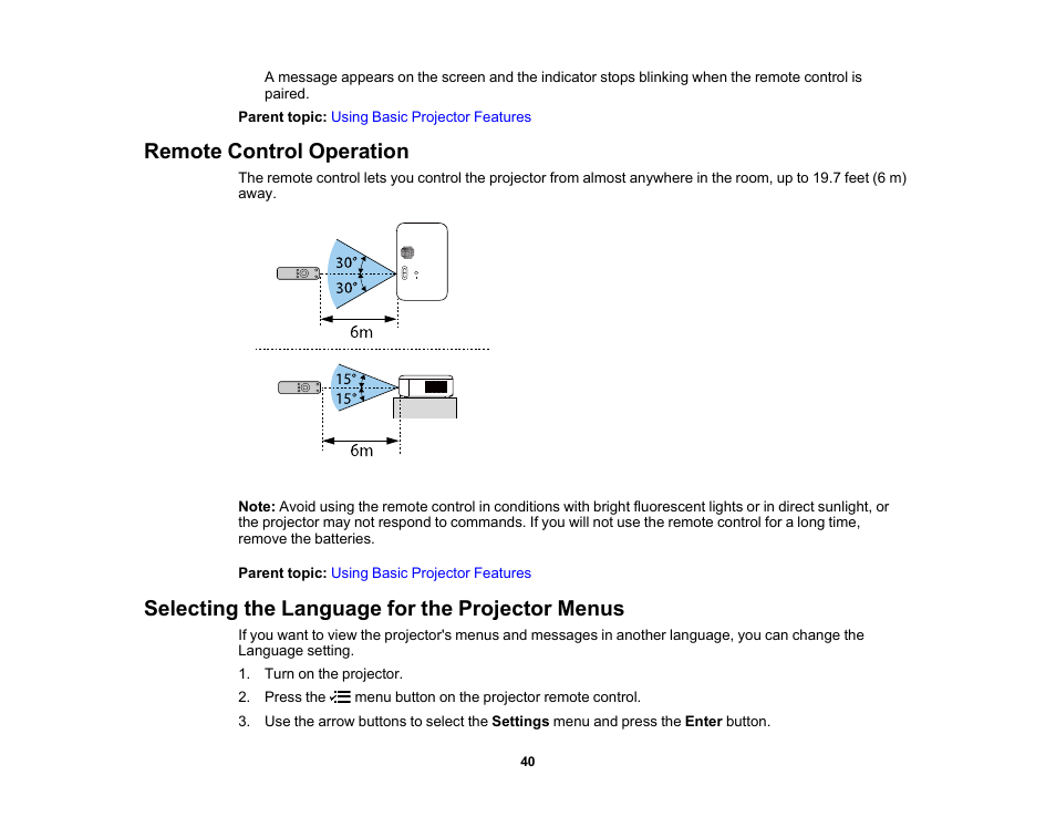 Remote control operation, Selecting the language for the projector menus | Epson EpiqVision Flex CO-FH02 3000-Lumen Full HD 3LCD Smart Home Theater Projector User Manual | Page 40 / 121