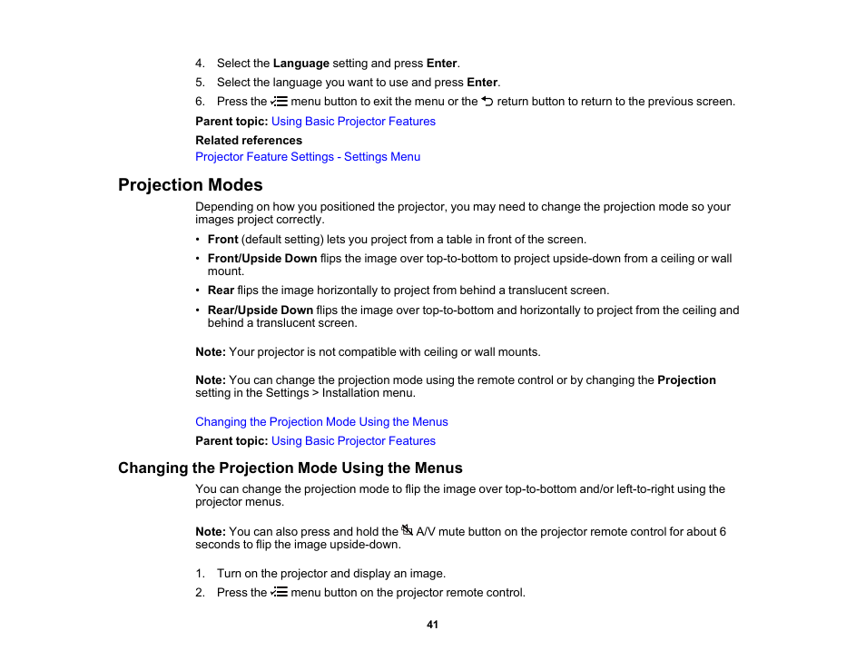 Projection modes, Changing the projection mode using the menus | Epson EpiqVision Flex CO-FH02 3000-Lumen Full HD 3LCD Smart Home Theater Projector User Manual | Page 41 / 121