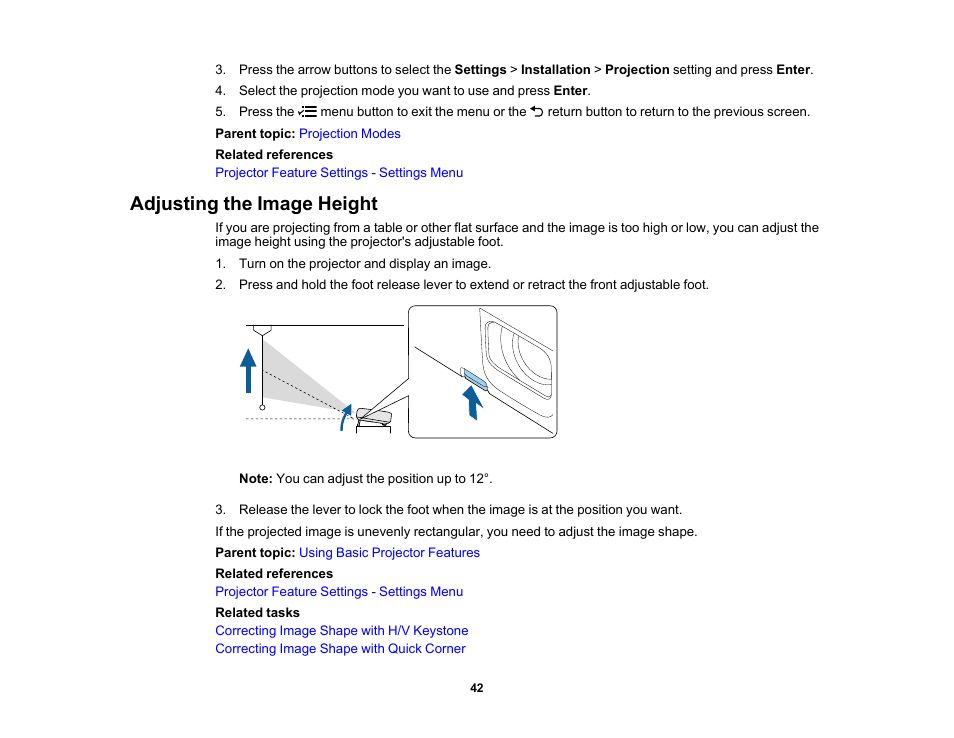 Adjusting the image height | Epson EpiqVision Flex CO-FH02 3000-Lumen Full HD 3LCD Smart Home Theater Projector User Manual | Page 42 / 121