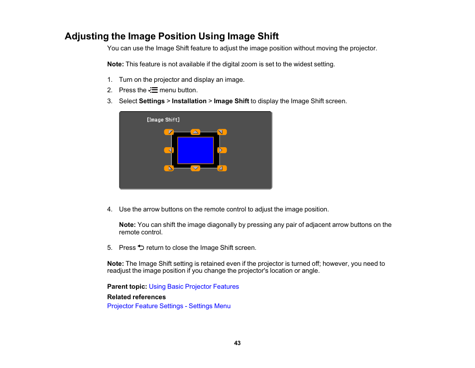 Adjusting the image position using image shift | Epson EpiqVision Flex CO-FH02 3000-Lumen Full HD 3LCD Smart Home Theater Projector User Manual | Page 43 / 121