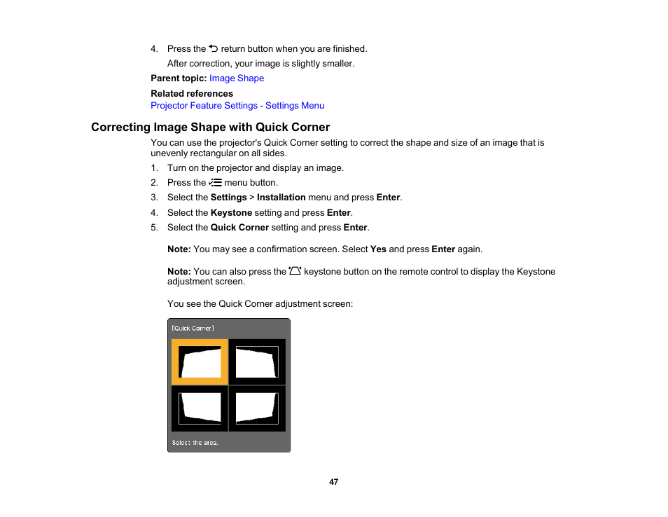 Correcting image shape with quick corner | Epson EpiqVision Flex CO-FH02 3000-Lumen Full HD 3LCD Smart Home Theater Projector User Manual | Page 47 / 121