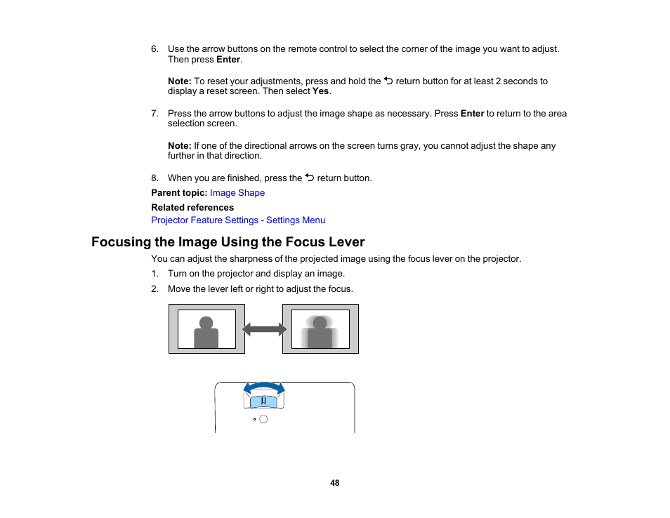 Focusing the image using the focus lever | Epson EpiqVision Flex CO-FH02 3000-Lumen Full HD 3LCD Smart Home Theater Projector User Manual | Page 48 / 121