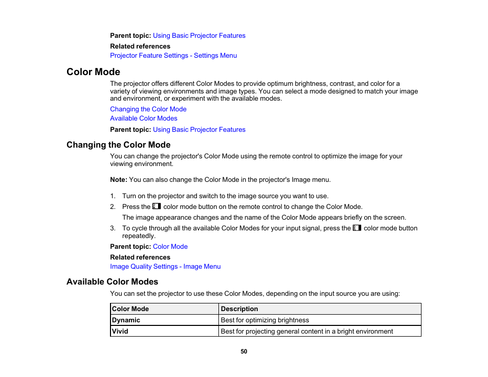 Color mode, Changing the color mode, Available color modes | Changing the color mode available color modes | Epson EpiqVision Flex CO-FH02 3000-Lumen Full HD 3LCD Smart Home Theater Projector User Manual | Page 50 / 121