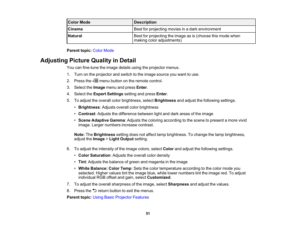 Adjusting picture quality in detail | Epson EpiqVision Flex CO-FH02 3000-Lumen Full HD 3LCD Smart Home Theater Projector User Manual | Page 51 / 121