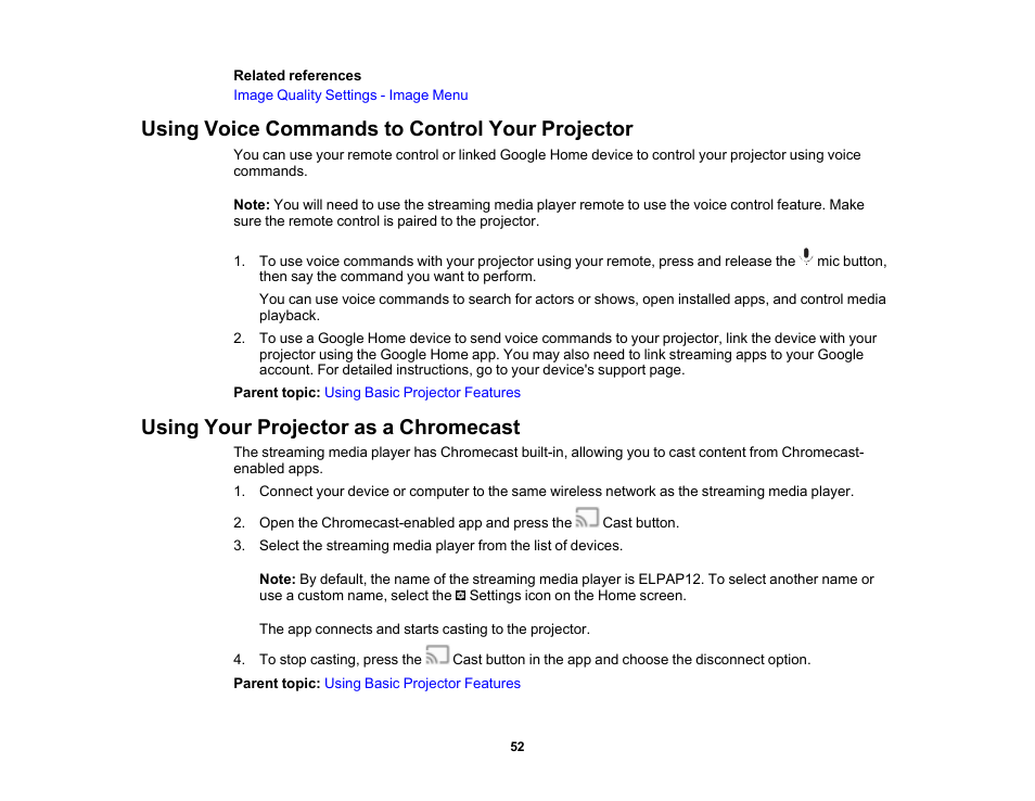 Using voice commands to control your projector, Using your projector as a chromecast | Epson EpiqVision Flex CO-FH02 3000-Lumen Full HD 3LCD Smart Home Theater Projector User Manual | Page 52 / 121