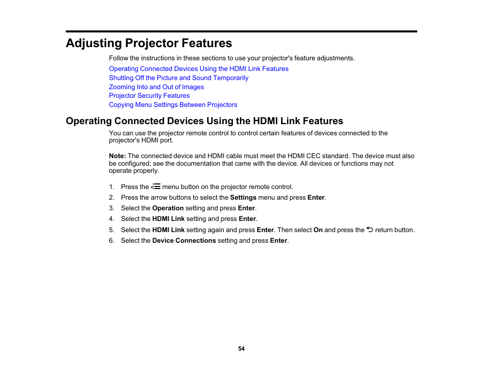 Adjusting projector features | Epson EpiqVision Flex CO-FH02 3000-Lumen Full HD 3LCD Smart Home Theater Projector User Manual | Page 54 / 121