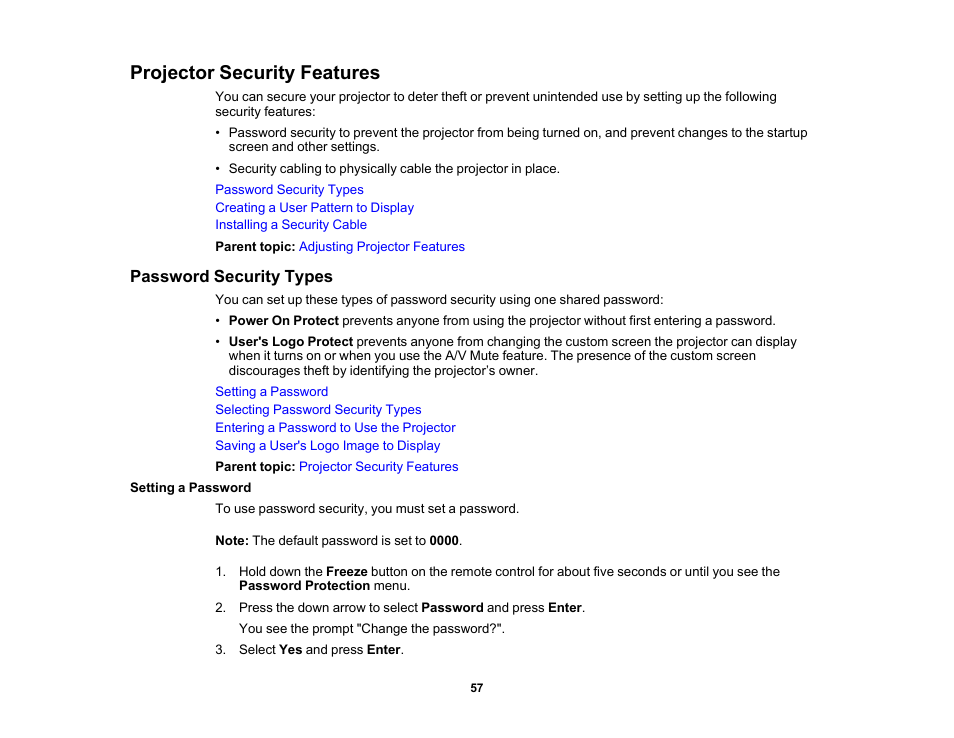 Projector security features, Password security types, Setting a password | Epson EpiqVision Flex CO-FH02 3000-Lumen Full HD 3LCD Smart Home Theater Projector User Manual | Page 57 / 121