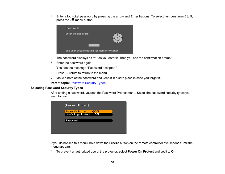 Selecting password security types | Epson EpiqVision Flex CO-FH02 3000-Lumen Full HD 3LCD Smart Home Theater Projector User Manual | Page 58 / 121