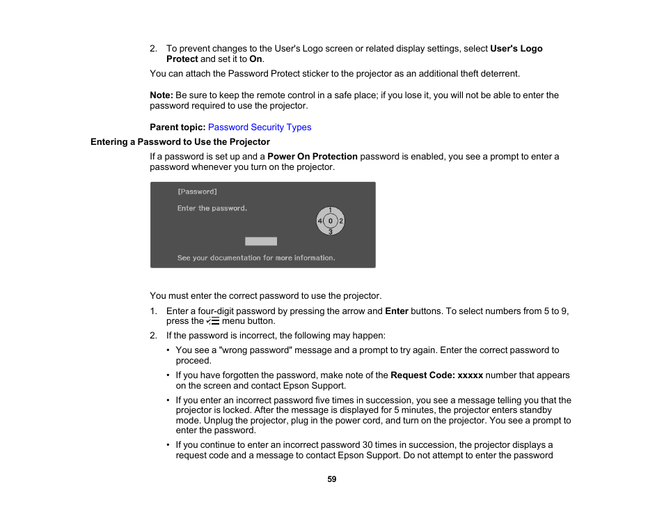 Entering a password to use the projector | Epson EpiqVision Flex CO-FH02 3000-Lumen Full HD 3LCD Smart Home Theater Projector User Manual | Page 59 / 121