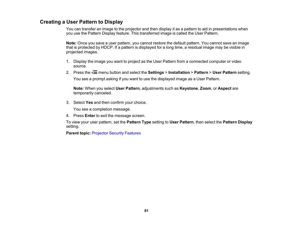 Creating a user pattern to display | Epson EpiqVision Flex CO-FH02 3000-Lumen Full HD 3LCD Smart Home Theater Projector User Manual | Page 61 / 121