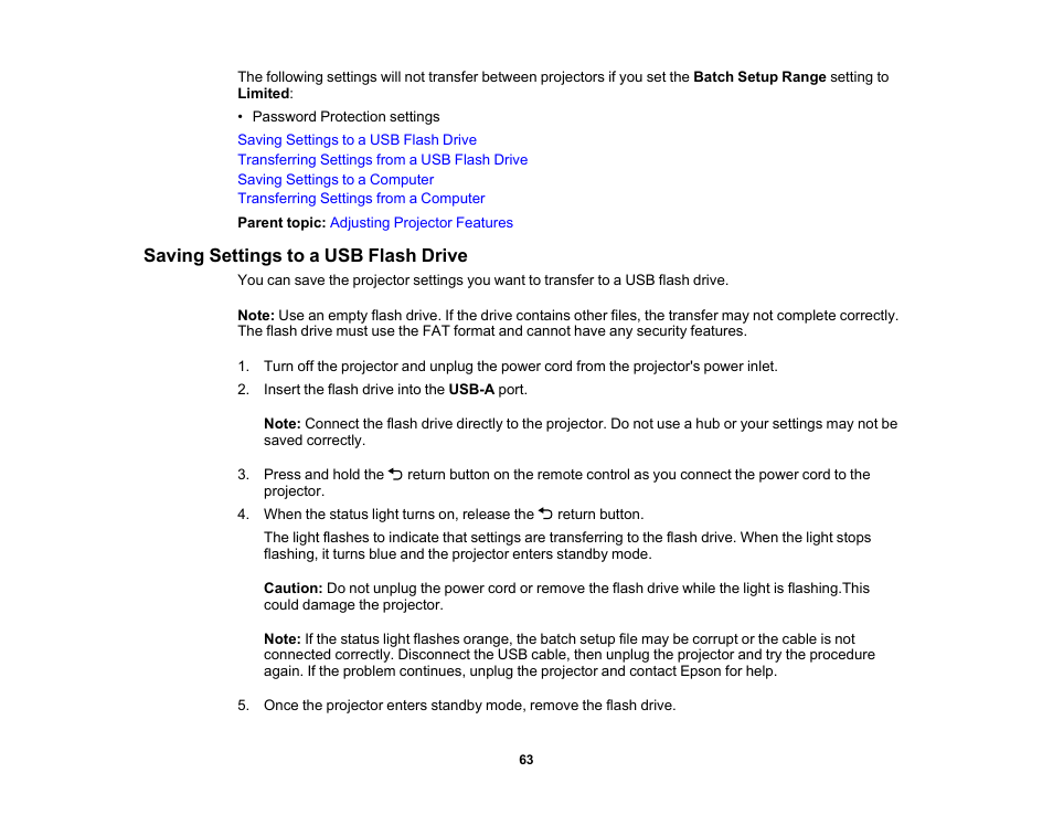 Saving settings to a usb flash drive | Epson EpiqVision Flex CO-FH02 3000-Lumen Full HD 3LCD Smart Home Theater Projector User Manual | Page 63 / 121