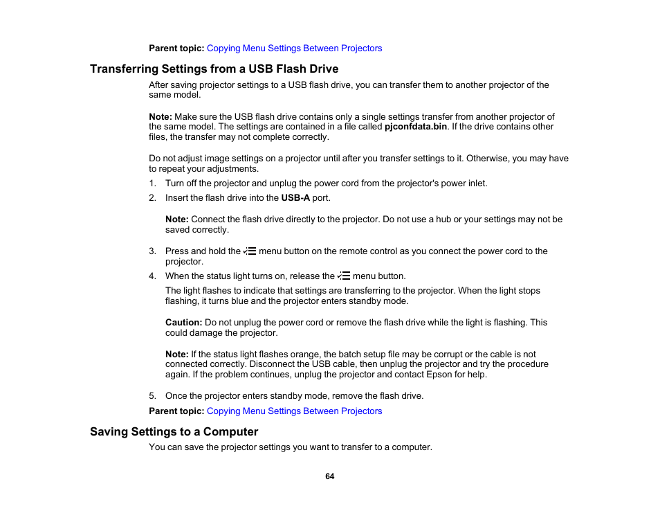 Transferring settings from a usb flash drive, Saving settings to a computer | Epson EpiqVision Flex CO-FH02 3000-Lumen Full HD 3LCD Smart Home Theater Projector User Manual | Page 64 / 121