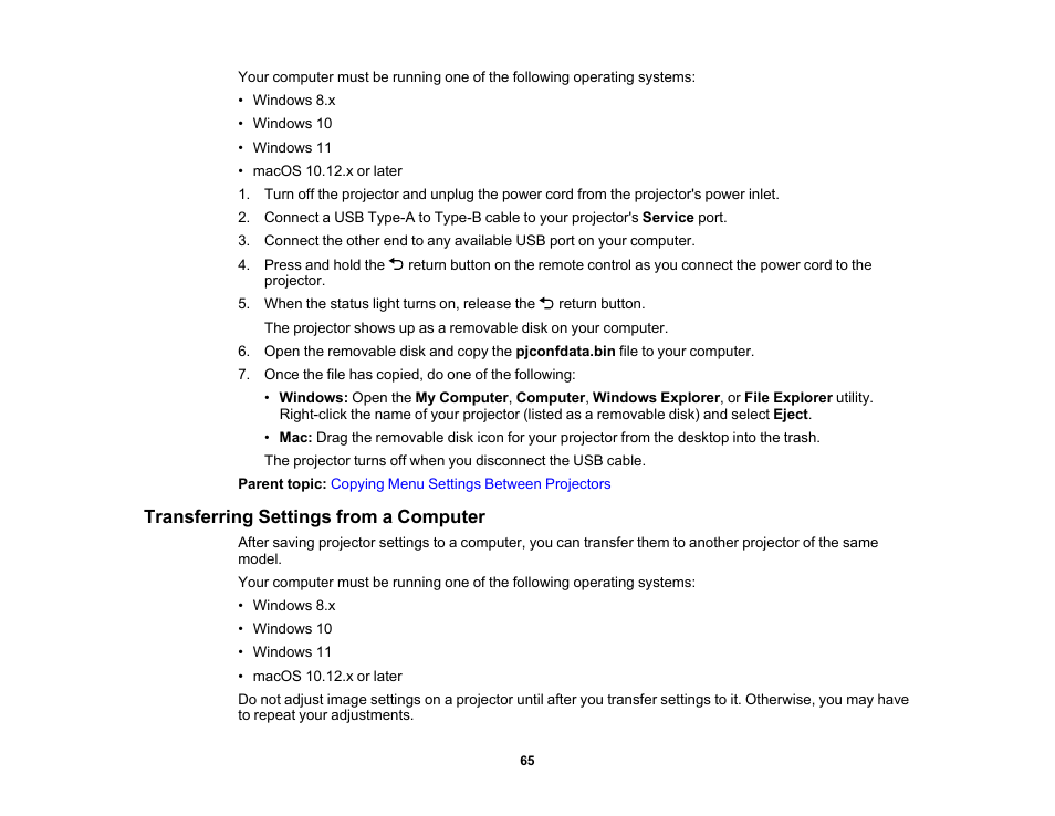 Transferring settings from a computer | Epson EpiqVision Flex CO-FH02 3000-Lumen Full HD 3LCD Smart Home Theater Projector User Manual | Page 65 / 121