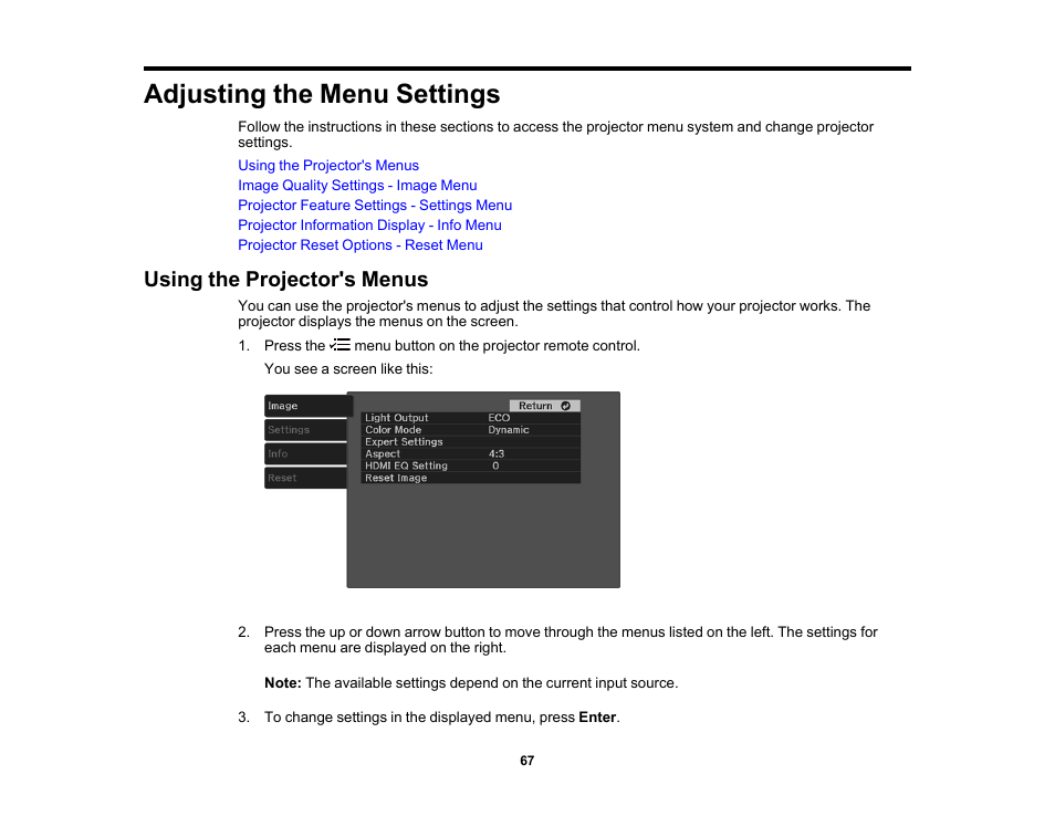 Adjusting the menu settings, Using the projector's menus | Epson EpiqVision Flex CO-FH02 3000-Lumen Full HD 3LCD Smart Home Theater Projector User Manual | Page 67 / 121