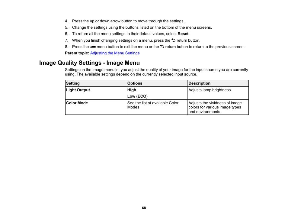 Image quality settings - image menu | Epson EpiqVision Flex CO-FH02 3000-Lumen Full HD 3LCD Smart Home Theater Projector User Manual | Page 68 / 121