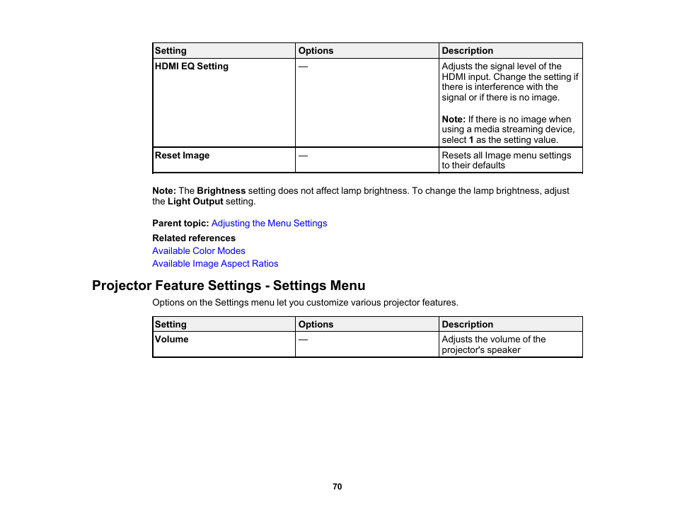 Projector feature settings - settings menu | Epson EpiqVision Flex CO-FH02 3000-Lumen Full HD 3LCD Smart Home Theater Projector User Manual | Page 70 / 121