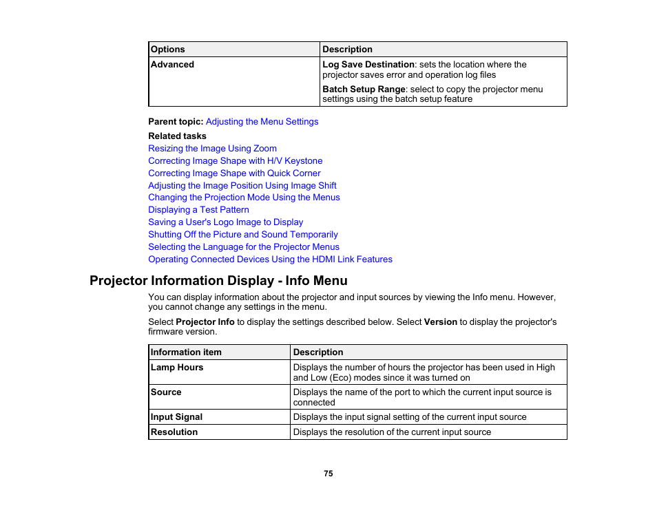 Projector information display - info menu | Epson EpiqVision Flex CO-FH02 3000-Lumen Full HD 3LCD Smart Home Theater Projector User Manual | Page 75 / 121