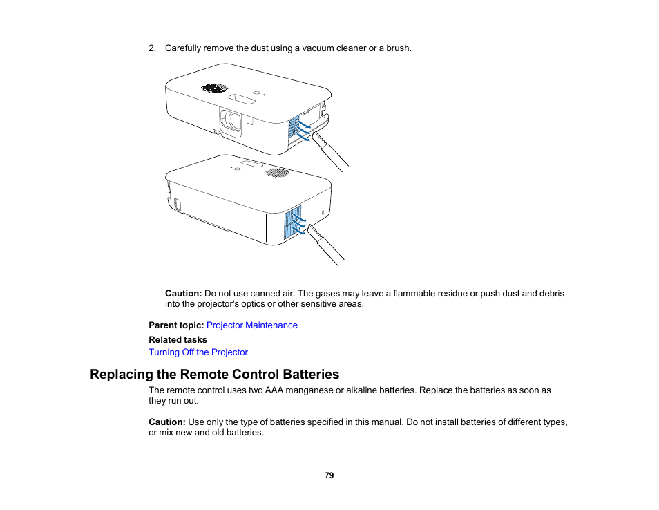 Replacing the remote control batteries | Epson EpiqVision Flex CO-FH02 3000-Lumen Full HD 3LCD Smart Home Theater Projector User Manual | Page 79 / 121