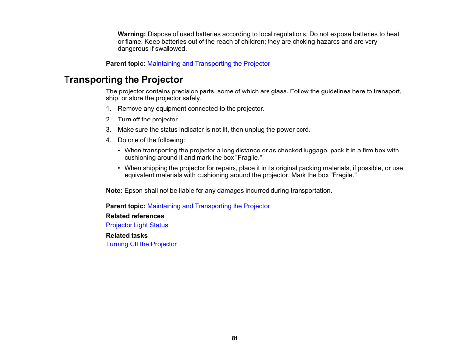 Transporting the projector | Epson EpiqVision Flex CO-FH02 3000-Lumen Full HD 3LCD Smart Home Theater Projector User Manual | Page 81 / 121