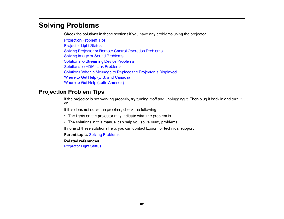 Solving problems, Projection problem tips | Epson EpiqVision Flex CO-FH02 3000-Lumen Full HD 3LCD Smart Home Theater Projector User Manual | Page 82 / 121