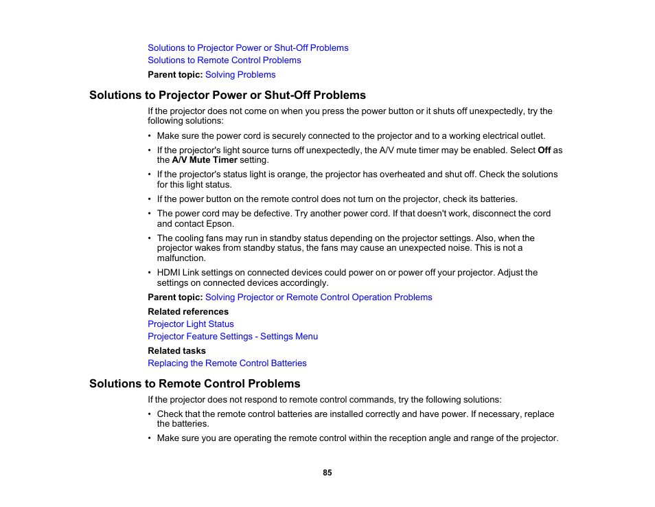 Solutions to projector power or shut-off problems, Solutions to remote control problems | Epson EpiqVision Flex CO-FH02 3000-Lumen Full HD 3LCD Smart Home Theater Projector User Manual | Page 85 / 121