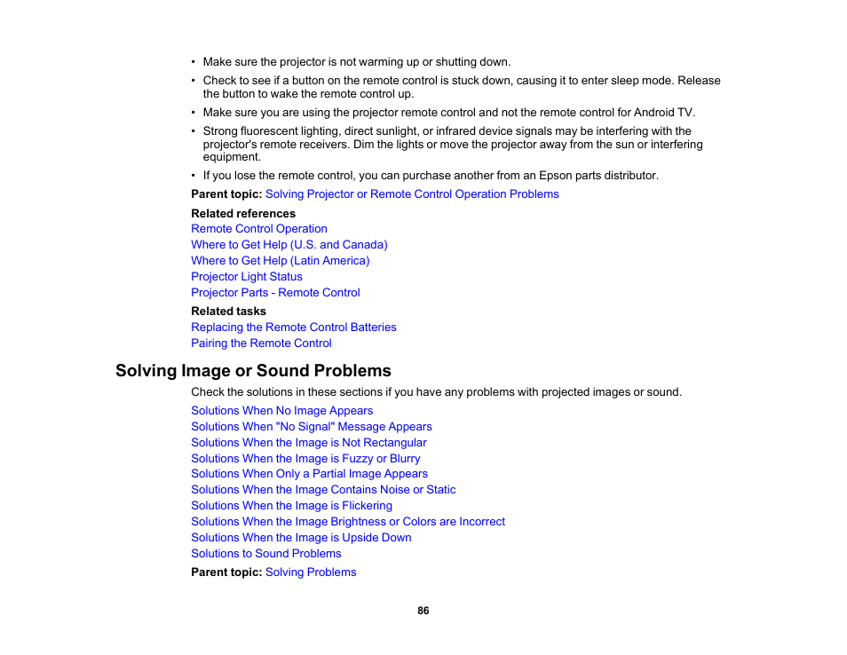 Solving image or sound problems | Epson EpiqVision Flex CO-FH02 3000-Lumen Full HD 3LCD Smart Home Theater Projector User Manual | Page 86 / 121