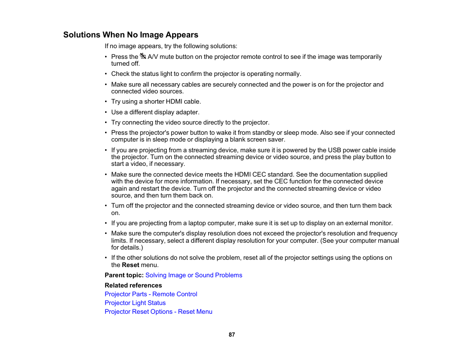 Solutions when no image appears | Epson EpiqVision Flex CO-FH02 3000-Lumen Full HD 3LCD Smart Home Theater Projector User Manual | Page 87 / 121